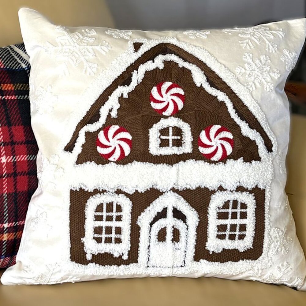 Off-White Christmas Gingerbread House Embroidered Tufted 18" Pillow Cover New